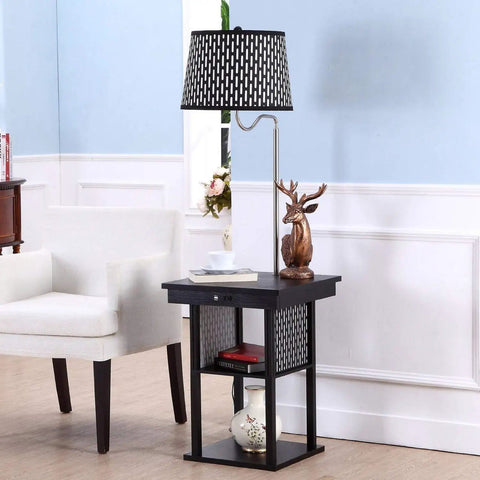 Madison Compact Side Table With Integrated Floor Lamp USB Port And LED Bulb, Bedside Reading Light, Modern End Table For Bedroom Living Room Office, Space Saving Nightstand In Black