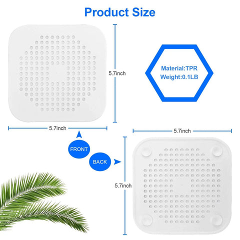 Two Pack Silicone Hair Catcher For Shower Drain Square Drain Stopper 5.7 inch Front and Back View with Material Details