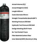 Carbon Fiber 4500 PSI Air Tank 3L With Carrier Bag Dual Gauge Valve For PCP Paintball Rifles And Games shown with specs visible