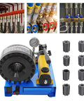 Heavy Duty Hydraulic Hose Crimping Tool Kit with gauge, yellow handle, and eight precision dies for automotive repairs.