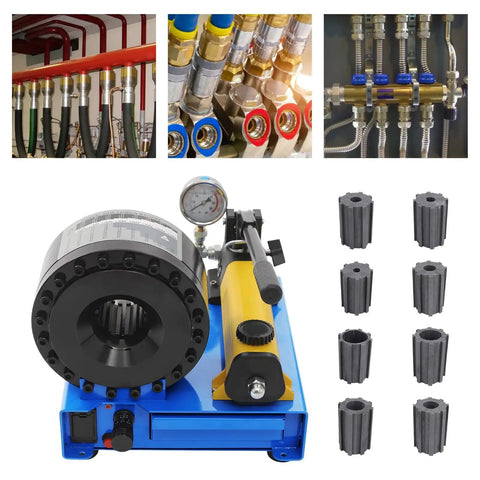 Heavy Duty Hydraulic Hose Crimping Tool Kit with gauge, yellow handle, and eight precision dies for automotive repairs.