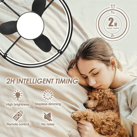 Caged Ceiling Fan With Lights In Black, Outdoor Ceiling Fan With Remote, Reversible 8 ABS Blades next to sleeping woman and dog