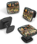 Four Pack Square Cabinet Knobs Set Black Glass And ABS Handles For Kitchen Cabinets, Dressers, Drawers, Decorative Flower And Fence Style Drawer Pulls
