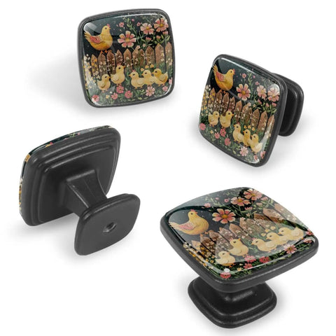 Four Pack Square Cabinet Knobs Set Black Glass And ABS Handles For Kitchen Cabinets, Dressers, Drawers, Decorative Flower And Fence Style Drawer Pulls