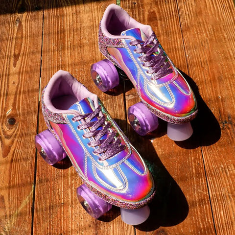 Colorful roller skates with Light Up Quad Skate Wheels Set of 4 with Bearings for Indoor and Outdoor Roller Skates, Iridescent Pink Purple Glow
