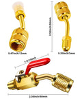 7 Piece DIY Friendly Air Conditioning Refrigerant Valve And Adapter Kit, gold-toned 45° angled valve with knurled nuts.
