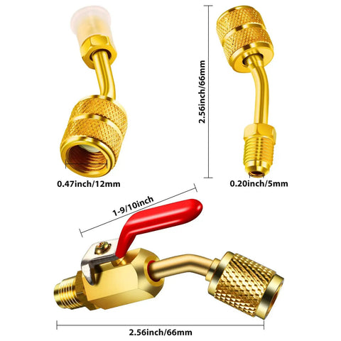 7 Piece DIY Friendly Air Conditioning Refrigerant Valve And Adapter Kit, gold-toned 45° angled valve with knurled nuts.