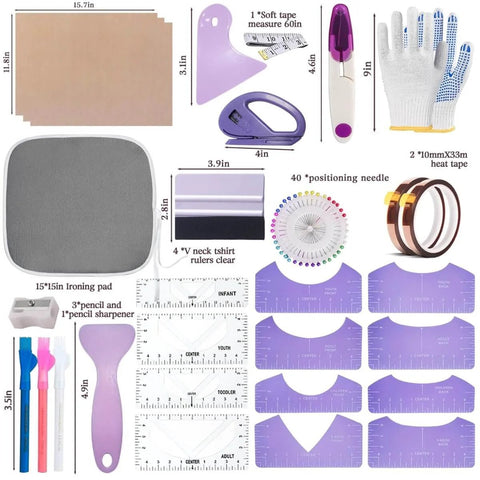 All In One Sublimation Shirts Tool Kit For Vinyl Alignment With Portable Ironing Pad And T Shirt Ruler Guides Must Have Teflon Sheets For Cricut Heat Press HTV Center Designs Plus Heat Resistant Gloves Tape Pencils And Mini Pruning Tool displayed
