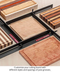 Juice Groove Router Jig for Cutting Boards with adjustable rails for boards 10.25 to 18.75 inches, powder-coated steel, Made in USA.