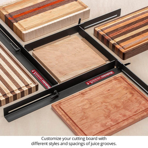 Juice Groove Router Jig for Cutting Boards with adjustable rails for boards 10.25 to 18.75 inches, powder-coated steel, Made in USA.