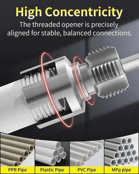 Dual Function Pipe Threading Tool For PVC Piping Internal And External Threads With 1/2 And 3/4 Dies displayed with pipe examples