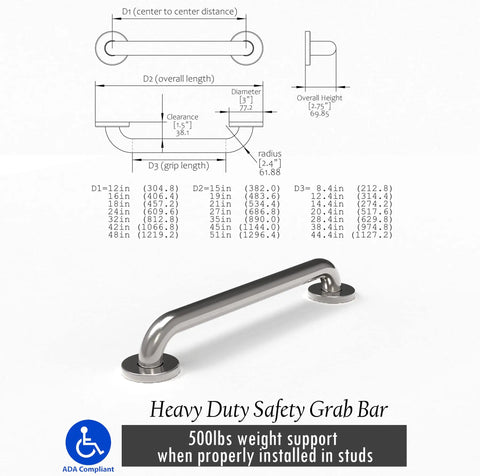 Diagram and photo of Two Pack Stainless Steel Bath Safety Grab Bars One And A Quarter Inch By Twelve Inch ADA Compliant Heavy Duty 500 Pound Support Oil Rubbed Bronze For Bathroom Shower Tub And Home Safety