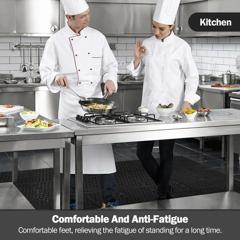 Chefs standing on Anti Fatigue Drainage Rubber Mat For Wet Areas Non Slip Commercial Kitchen Floor Mat With Holes for comfort.