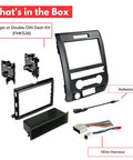 Ford F 150 Dash Kit For Car Radio Installation Fits Double DIN Or Single ISO With Pocket Mount Keeps Steering Wheel Controls And Factory Amplifier Includes Wire Harness And Antenna Adapter components displayed