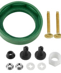 Toilet Tank To Bowl Coupling Kit With 3 Inch Gasket Set including green washer, black ring, long bolts, and hex nuts visible.