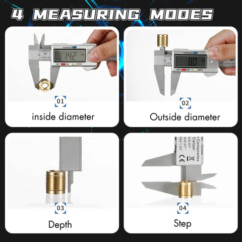 Go-To Digital Caliper With LCD Display 0 To 6 Inch Range Inch To Millimeter Conversion Auto Shutoff showing measuring modes