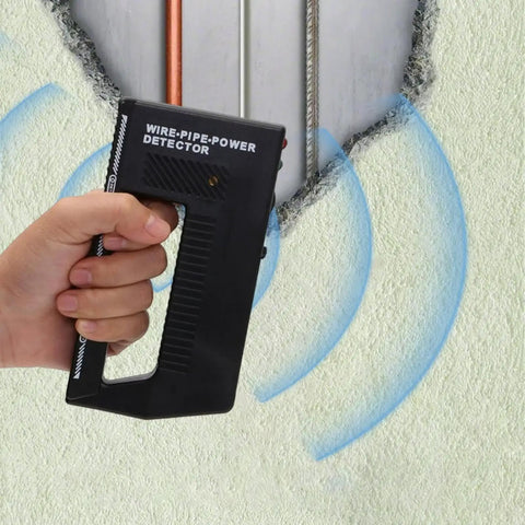 Metal Detector - Wire Finder Wall Scanner, Stud Sensor Hardware Tool in hand detecting wires behind a wall.