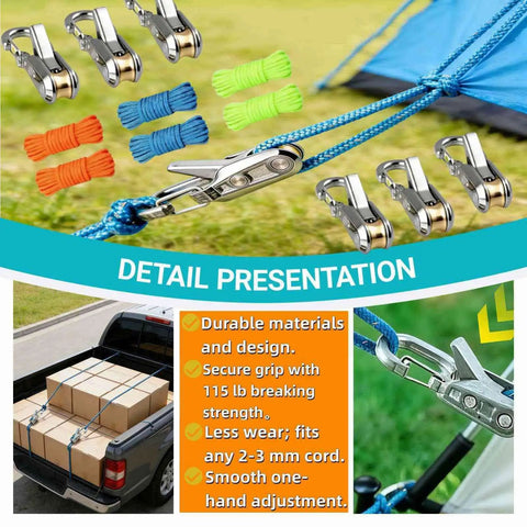 Ultra Lightweight Rope Tightening Tool With Roller Cam Four Pack for camping, shown in use with tarp and truck setup