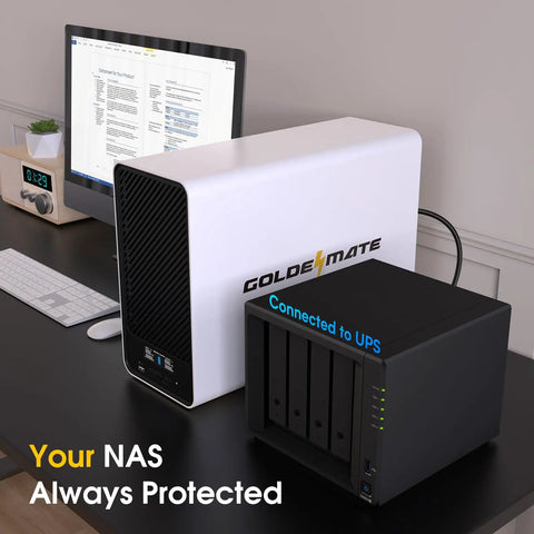 Rock-Solid Lithium UPS Backup Power Supply With LiFePO4 Battery, 1500VA/1000W next to NAS in home office setup