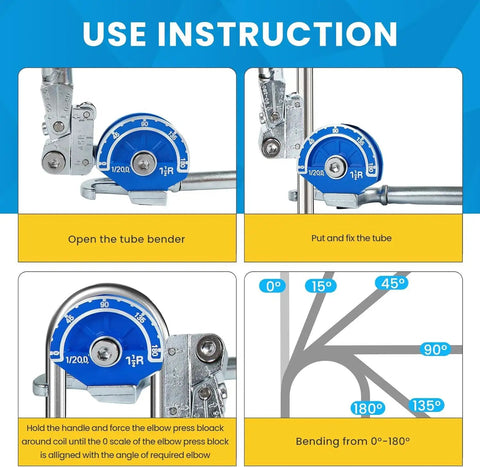 Use instructions for Professional 1/2 Inch Heavy Duty Tubing Bender, showing bending angles and setup steps for copper and steel pipes.