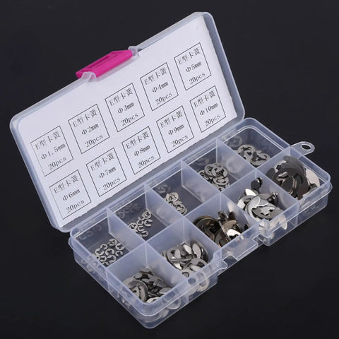 E Clip Assortment Kit 200 Pieces Stainless Steel Retaining Rings M1.5 Through M10 For Axle Shaft Repair And Industrial Maintenance Heavy Duty 304 Grade Stainless Hardware For Quick Fixes in a clear plastic case with multiple sizes labeled.
