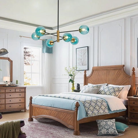 Six Light Blue Glass Ball Sputnik Chandelier Modern Mid Century Black And Gold Flush Mount Vintage Large Globe Pendant Light For Kitchen Island And Dining Area in bedroom setting.