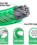 Cross-section view of 100ft green PVC-coated wire rope with "2mm 304 stainless steel", "1mm PVC coated", showing cable structure.