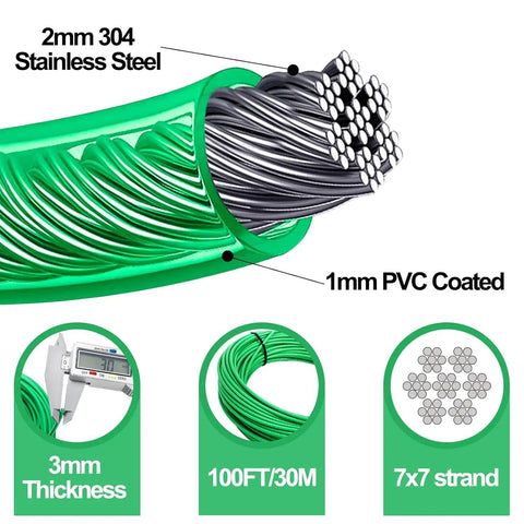 Cross-section view of 100ft green PVC-coated wire rope with "2mm 304 stainless steel", "1mm PVC coated", showing cable structure.