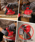 Heavy Duty Five Inch Random Orbital Sander Featuring Six Variable Speeds And A Badass 360 Watt Motor For Killer Wood Finishes Plus Low Vib Build With An Easy Dump Dust Bag For Quick Projects in use for wood, metal, and paint sanding.