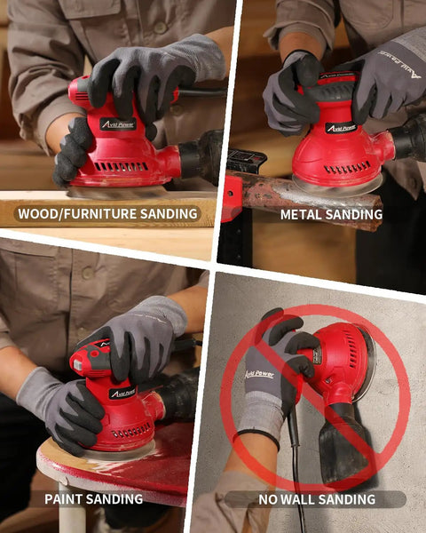Heavy Duty Five Inch Random Orbital Sander Featuring Six Variable Speeds And A Badass 360 Watt Motor For Killer Wood Finishes Plus Low Vib Build With An Easy Dump Dust Bag For Quick Projects in use for wood, metal, and paint sanding.