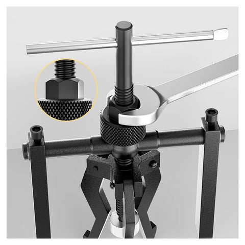 Close-up of Heavy Duty 3 Jaw Bearing Puller for Internal and External Removal with wrench adjustment, steel construction