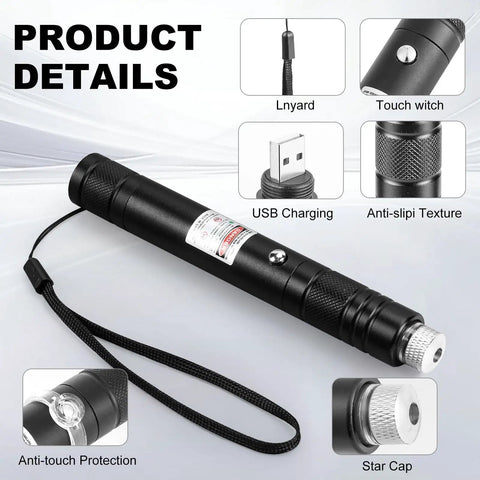 High Power Green Laser Pointer With Removable Star Cap Single Pinpoint Mode And Flood Beam USB Rechargeable Lazer for astronomy
