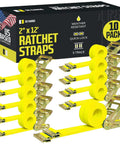 Heavy Duty 2 Inch By 12 Foot Ratchet Tie Down Straps Pack Of 10 In Bright Yellow With E Track Fittings, 3000 Lb Break Strength And 1000 Lb Safe Working Load, Perfect For Trucks Vans Trailers And Motorcycle Tie Downs, shown with packaging and straps