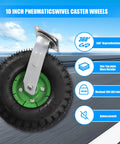 10 Inch Heavy Duty Pneumatic Caster Wheels Set Of Four Rolls Smooth As Butter 660 LBS Per Wheel Two Swivel Two Rigid Plate Mount Air Tires