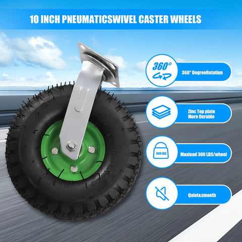 10 Inch Heavy Duty Pneumatic Caster Wheels Set Of Four Rolls Smooth As Butter 660 LBS Per Wheel Two Swivel Two Rigid Plate Mount Air Tires