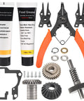 All-in-One Worm Gear Kit For 5Qt And 6Qt Stand Mixers That Keeps Your Home Kitchen Workhorse Running, Compatible With Whirlpool KitchenAid, Includes Worm Gear, Food Grade Grease, Retaining Ring Pliers, Worm Follower Gear Kit, Bevel Gear Set displayed.