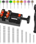 32 Piece Pin Vise Hand Drill Set For Jewelry Making And Mini Crafting Kit With 0.8 To 3.0 mm Twist Drill Bits And 0.3 To 1.2 mm PCB Drills, Includes Carving Clamp For Resin Wood Plastic Crafting, displayed with various drill bits and clamp.
