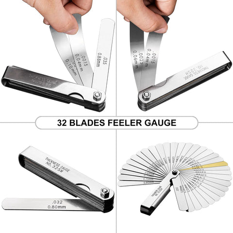 Spurtar 32-blade folding stainless steel feeler gauge set with SAE/metric scales.