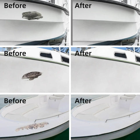Before and after using Fiberglass Boat Repair Kit White Gel Coat And Epoxy Filler For Boats on boat surfaces.