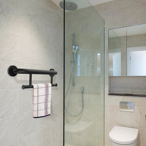 Rock Solid Oil Rubbed Black Grab Bar With Towel Holder For Bathtub And Shower Durable 304 Stainless Steel heavy duty rail with towel hanging.