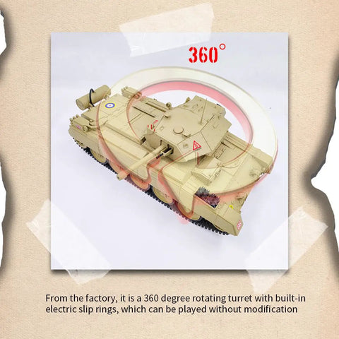 360-degree view of RC British Crusader Tank 1/16 Scale With Metal Upgrades And 2.4G Infrared Battle Realistic Recoil And Sound Heavy Duty Metal Tracks Ideal Military Model For Adults And Collectors Epic Outdoor Battle Toy Gift.
