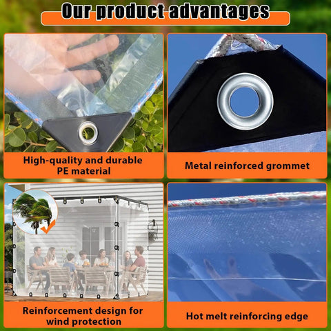 Collage showcasing features of 4x6 Ft Clear Tarp For Outdoor Use Heavy Duty PE Clear Vinyl Tarp With Reinforced Grommets Tear Resistant Waterproof Cover.