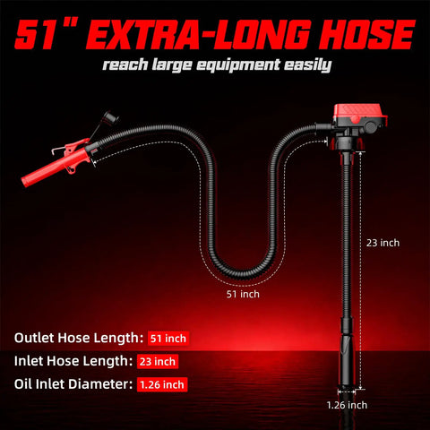 51 inch hose of 5GPM Cordless Fuel Transfer Pump With Auto Stop Valve for easy fluid transfer from large equipment.