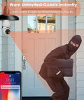 Security camera capturing intruder on porch with phone alert, demonstrating 2 Pack Light Bulb Security Camera WiFi features.