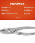 Curved Jaw Slip Joint Pliers With Hardened Teeth, Flat Jaw Tips, And Pro Wire Cutter for Pipes, Rods, Pins visible with specs