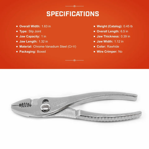 Curved Jaw Slip Joint Pliers With Hardened Teeth, Flat Jaw Tips, And Pro Wire Cutter for Pipes, Rods, Pins visible with specs