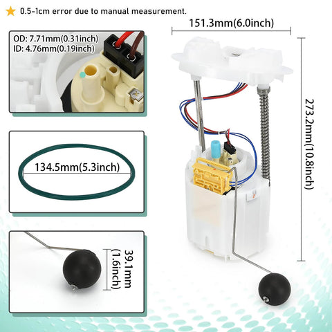Fuel Pump Module Assembly Replacement For Chrysler 300 Dodge Challenger Charger Magnum Suits 2.7L 3.5L 3.6L 5.7L 6.1L 6.4L Hemi V8 V6 Engines Fits 2005 Through 2017 Models E7192M front view with dimensions