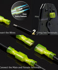 Nylon Spade Quick Disconnect Wire Connector Kit, 22-10 Gauge Fully Insulated Male and Female Terminal Connectors, installation process.
