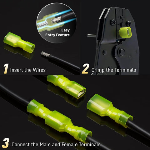 Nylon Spade Quick Disconnect Wire Connector Kit, 22-10 Gauge Fully Insulated Male and Female Terminal Connectors, installation process.