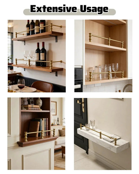 4 Pack Unlacquered Antique Brass Gallery Rails For Shelving Featuring Rock Solid Anti Slide Edges in various home settings.